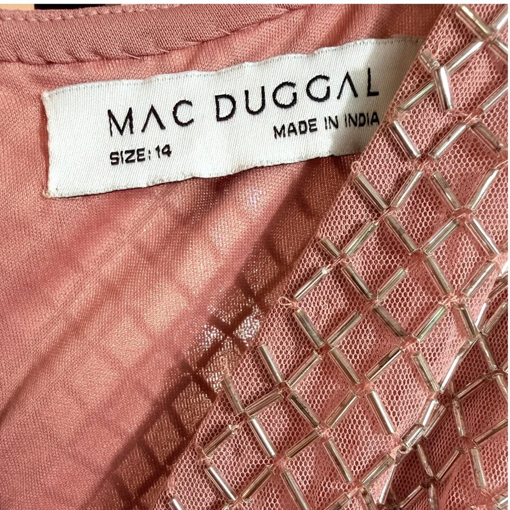 Mac Duggal 93787 Lattice Beaded Wrap VNeck Cap Sleeve Rose Pink Gown‎ Size 14